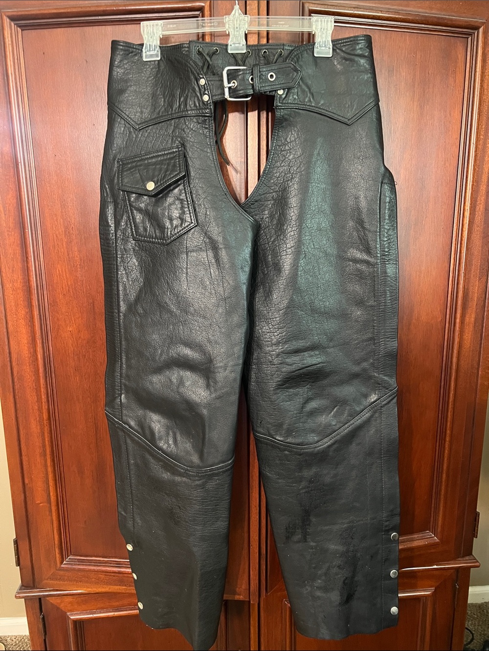 Black Leather Motorcycle Chaps with Front Pocket and Belt Size Large